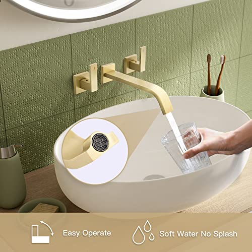 Chalirs Brass Wall Mount Bathroom Faucet,Brushed Gold Wall Mounted Vessel Sink Faucet With Dual Lever Handles,Widespread 3 Holes Wall Faucet For Vanity Lavatory Sink,Rough In Valve #TOP2