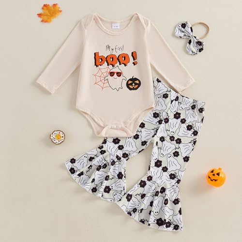 Infant Baby Girls Halloween Outfits Letter Ghost Pumpkin Print Long Sleeve Romper Flare Pants Bow Headband Set2