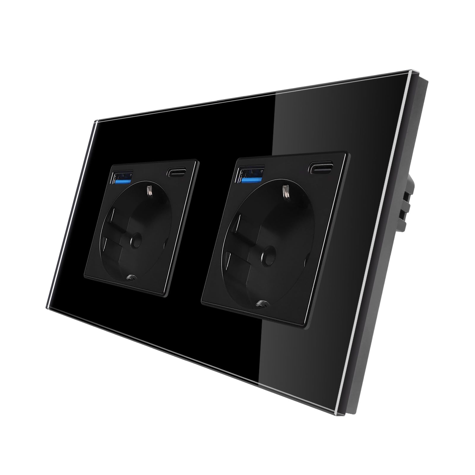 CNBINGO Schuko Doppelsteckdose mit USB A und Typ C Port, Zweifach Wandsteckdose Unterputz, 16Amp Glas Steckdosen, Schwarz
