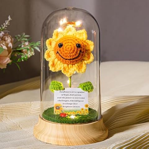 Levvohd Crochet Sunflower Gifts for Women, Birthday Gifts From Daughter Positive Emotional Support in Plastic Dome Sun Flower with Greeting Card， From Husband Valentines Day Gifts for Her Naughty Cover