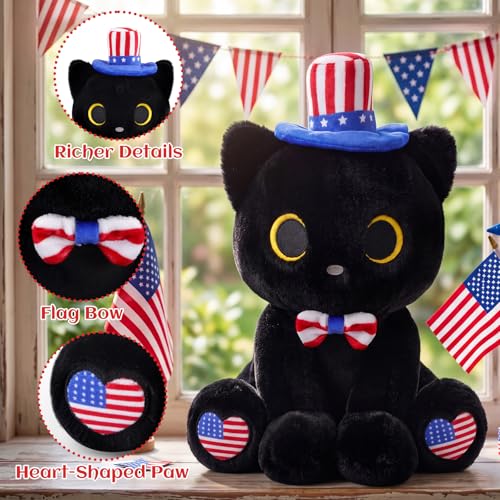 Image of Black Cat Plush with Patriotic Bow Hat for Kids | Cat Stuffed Animal Red White and Blue Plushies, Kawaii Birthday Gift Decorations, 8inch