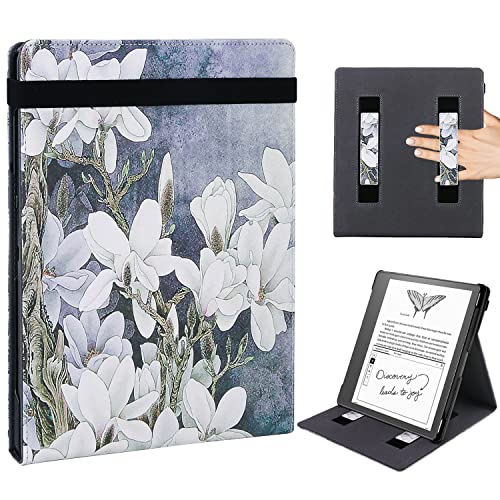 WALNEW Flip Case for 10.2-inch Kindle Scribe 2024/2022 Released, Two Hand Straps and Vertical Multi-Viewing Stand Cover with Auto Wake/Sleep for 10.2” Amazon Kindle Scribe E-Reader (White Flowers)