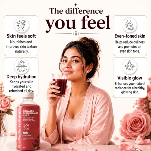 Image of The Wellness Shop Collagen Skin Radiance Juice 500ml | Natural Ayurvedic Supplement for Skin Glow and Healthy Hair | Sea Buckthorn Moringa Herbal Drink | Daily Beauty Wellness Juice for Men Women