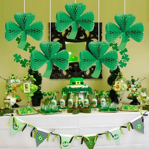 Image of AMYESE Green Shamrock Tissue Honeycomb Pom Poms, St. Patrick's Day Party Decoration Paper Hanging Honeycomb Balls 6pcs 7.3x6.3in for Birthday Graduation Baby Shower, Christmas Spring School DIY Party