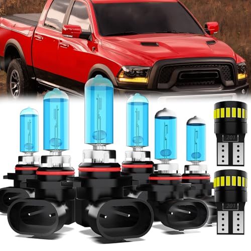 Image of Headlight Bulbs License Plate Lights Fit For Dodge Ram 2013-2015 with projector, 9005 High Beam + 9012 Low Beam + 9145 Fog Lights Halogen Light Bulb + License Plate Lights, Pack of 8