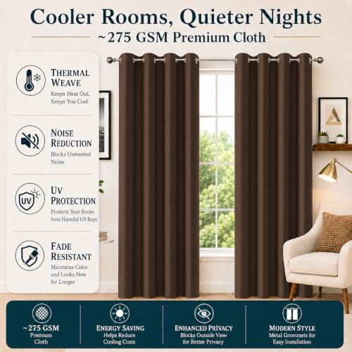 Image of Homestan Blackout Window Curtains 4 Feet Long Set of 2, Darkbrown