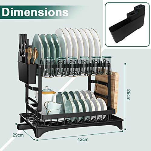 مسند قابل للطي مضاد للصدا مع رفين وصينية تصريف لحفظ ادوات المائدة ولوح التقطيع والصحون، سعة داخلية كبيرة للمطبخ L، أسود، صلب كربون