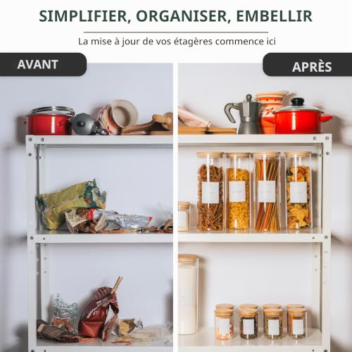Ensemble de bocaux de conservation en verre hermétiques avec couvercles en bambou – Pots pour farine, muesli, spaghettis et épices, avec étiquettes allemandes (ensemble de 12 pièces - 230 ml) – vue 8