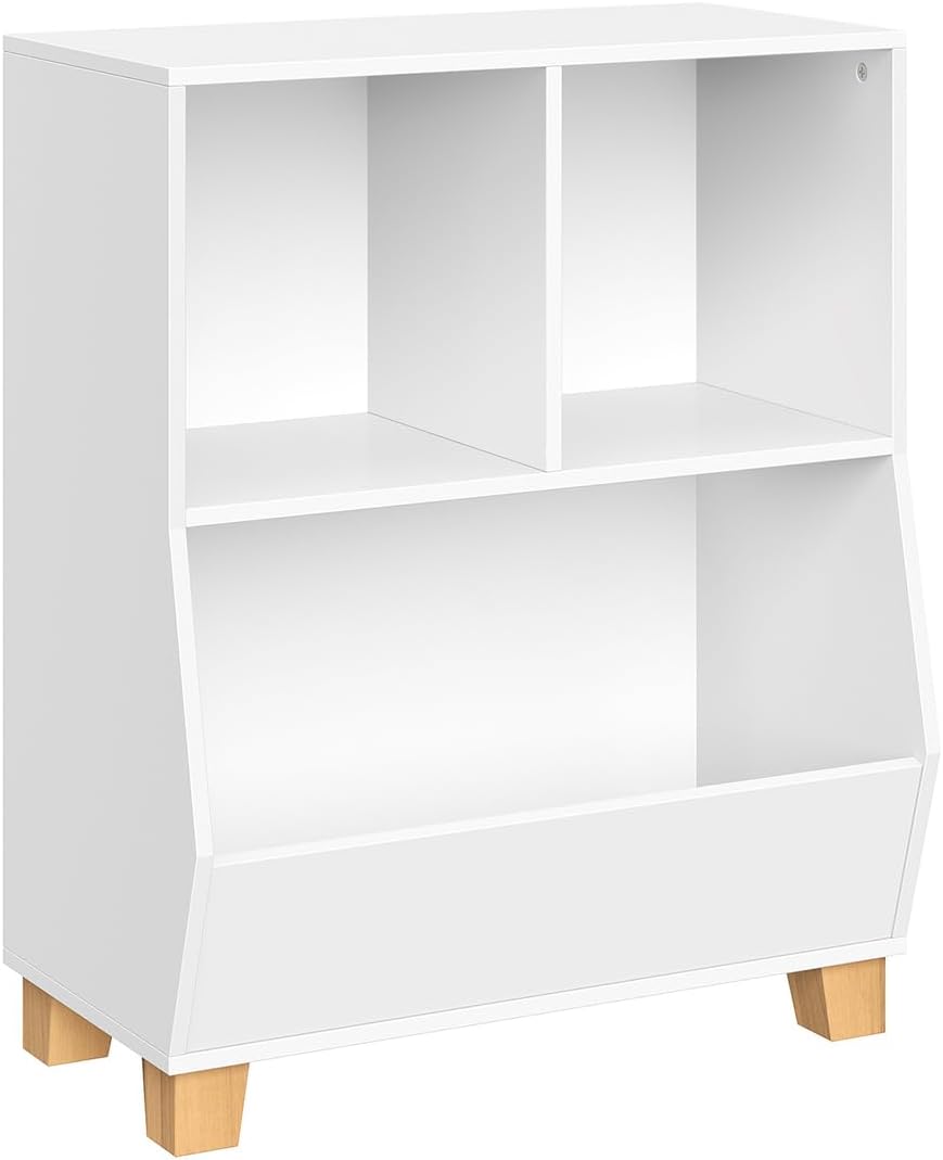 HomeStock Modern White Wooden Toy Organizer with Storage Bins and Cubbies for Playroom Organization