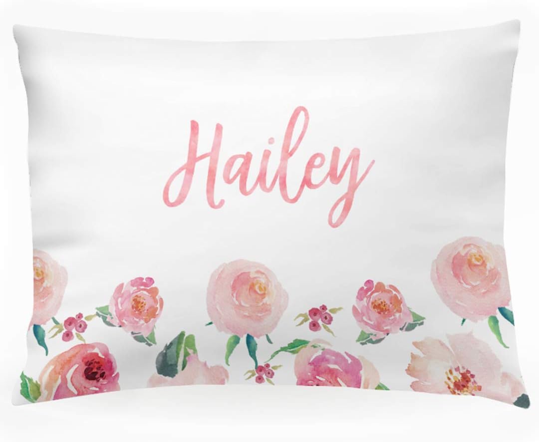 Personalized Floral Girls Pillow Case Coral, Custom Kids Name Gift, Standard 20 x 30 inch Pillow Cover