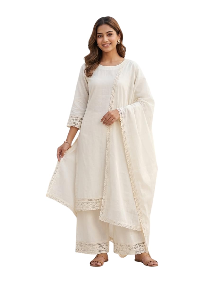Pure Cotton Off-White Dupatta with Cora Lace Border, 2.25 Meters, Lightweight Ethnic Wear for Women-image-16
