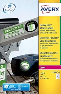 Avery L7060-20 (63.5 x 38.1mm) Extra-Strong Adhesive Heavy Duty Weatherproof Labels, 21 Labels Per A4 Sheet, White