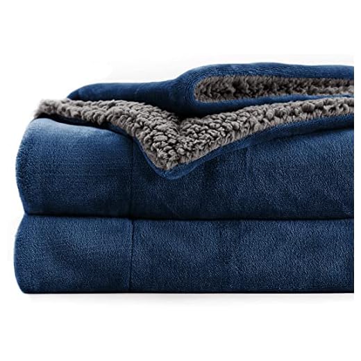 VAS COLLECTIONS - Polyester Micromink Summer AC Blanket Grey Sherpa Super Soft Flannel Solid/Plain AC Dohar/Comforter,Size 220 x 230 Cms (Double) (Approx 7.6 x 7 ft) (Blue & Grey)