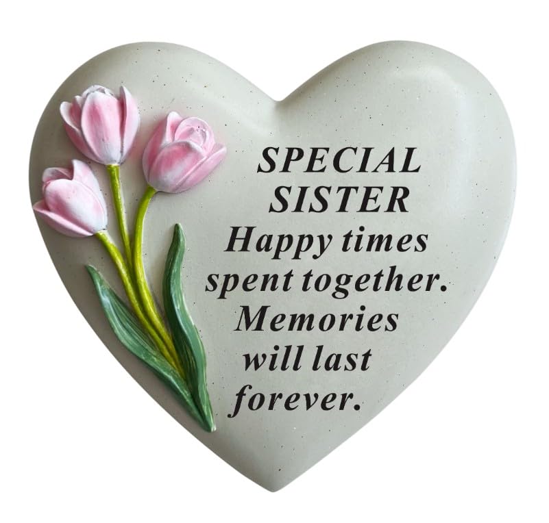 David Fischhoff Sister Memorial Heart Plaque Pink Tulip Graveside Ornament Sister Remembrance Gift Memorial Garden Decoration Sympathy Bereavement Tribute 16cm