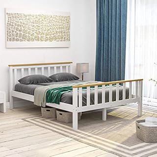 Amazon Brand - Movian, Milan Double Bed, Bed Frame, Solid Pine Wood, Headboard, High Foot End Bedroom Furniture, White and Pine, 4ft6