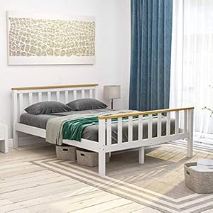 Marque Amazon – Vida designs lit Double Milan, Cadre de lit en pin Massif, tête de lit, Meuble de Chambre à Coucher à Pieds Hauts, Blanc et Pin, 1.4 m (Anciennement marque Movian)