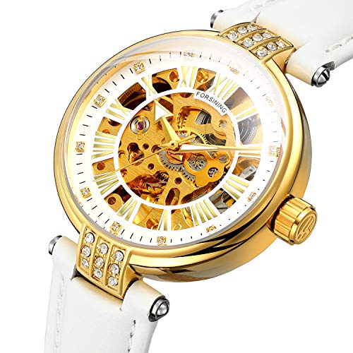 Image of FORSINING Women's Stylish Automatic Movement Analog Skeleton Dial Watch with Leather Strap, White, Casual Watch