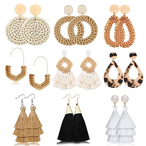 Rattan Earrings for Women,9 Pairs Fashion Tassel Earrings ,Boho Style Dangle Earrings,Geometric Woven Earrings,Handmade Straw Wicker Earrings,Hoop Drop Dangle Earrings