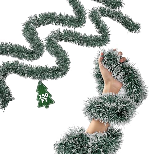 150Ft Christmas Garland - Xmas Tree Decorations, Christmas Tinsel Decorations for Indoor&Outdoor Home Decor, Christmas Metallic Twist Garland Ceiling Hanging Decorations for New Year(Green)