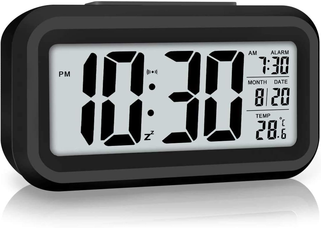 ROMINO Smart Night Light Plastic Digital Alarm Clock with Date & Indoor Temperature, Battery Operated Desk Small, Clear LCD Display Automatic Sensor