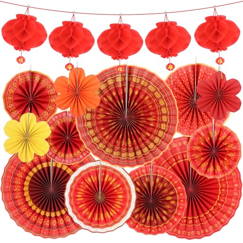 Chinese New Year Decorations 2026 Set, 17 Pcs Lunar New Year Part Supplies with 9 Red and 3 Floral Paper Fans 5 Honeycomb Lanterns, Spring Festival Party Hanging Decor for Years of the Horse 2026