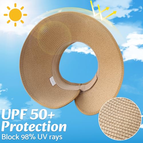 NPQQUAN Sun Visor Hats for Women Wide Brim Ponytail Straw Beach Hat Packable Foldable UPF 50+ Floppy Travel Hats Beige