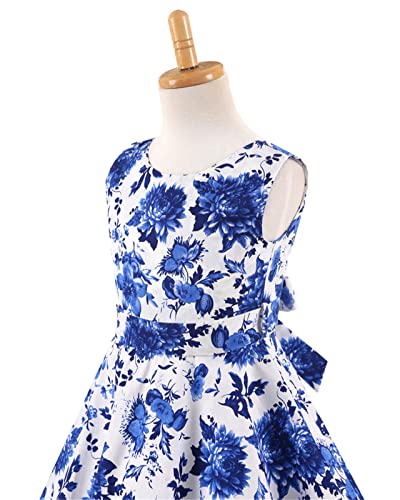 Bebeone Girls 50S Vintage Polka Dot Flower Swing Prom Party Tea Dress Wedding Casual Evening Gown,Blue-White,3001-110 #TOP4