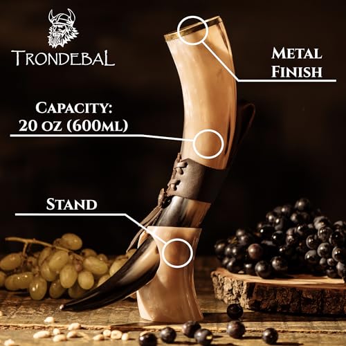 Viking Drinking Horn with Stand - Unique Gifts for Men, Large 15-20 Oz Natural Ox Horn Cool Unique Beer Gift for Brother or Dad, Home Decor Accessories Handcrafted for Mead, Ale, and More
