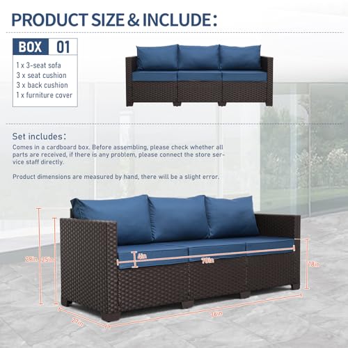 Valita Patio Furniture 3-seat Sofa Brown Wicker Outdoor Furniture Outdoor Couch Deep Seat High Backrest Waterproof Cover Anti-Slip Washable Cushions, Navy Blue