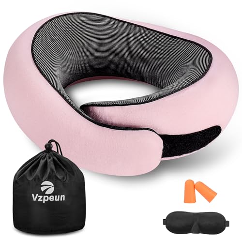 Image of Neck Travel Pillow | Memory Foam Neck Pillow for Comfort on Airplane, Compact Ergonomic Design for Traveling, Car Rides, Home Offices Use, Ideal for Adults Women Men (Pink)