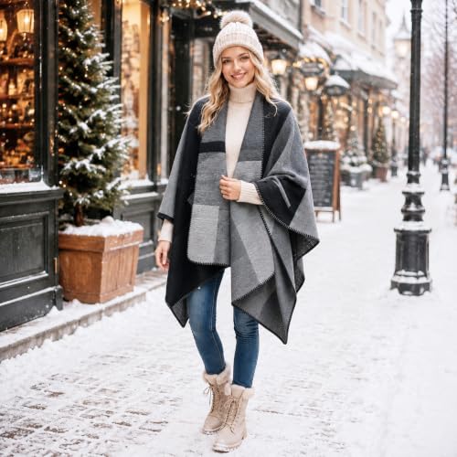 Image of Plaid Shawl Wrap for Women Boho Open Front Poncho Wrap Fall Winter