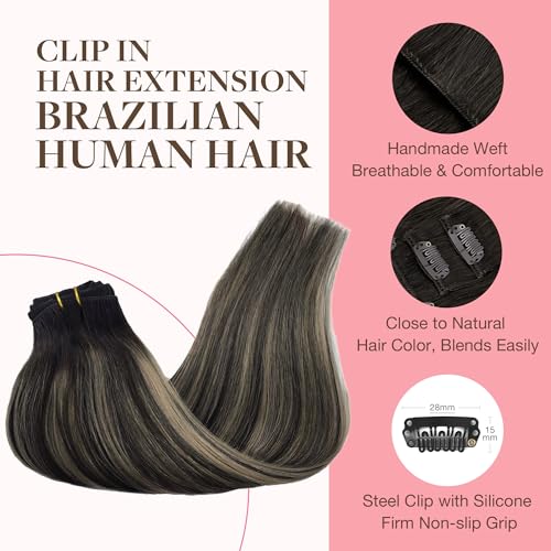 Image of GOO GOO Clip in Hair Extensions Real Human Hair, Remy Human Hair Extensions Clip ins for Women, Natural Human Hair, 14inch 120g 7Pcs, 1B /16 /1B Balayage Natural Black to Light Blonde