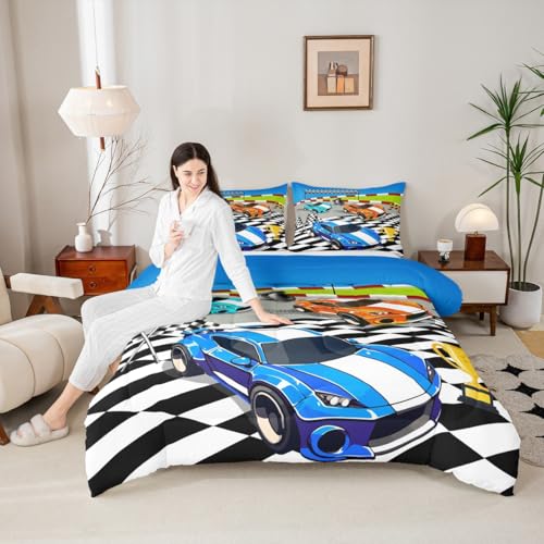 Image of Feelyou Kids Race Car Duvet Insert King Size, Blue Orange Racing Comforter Set Sports Cars Bedding Set Boys Girls Teens Bedroom Decor with 2 Pillow Case