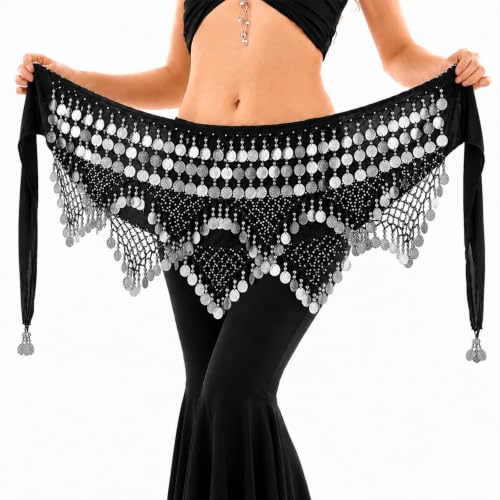 Baisdan Ceinture Danse Orientale Femme, Foulard Danse du Ventre avec Pièces Écharpes de Hanche de Danse du Ventre Argent Noir