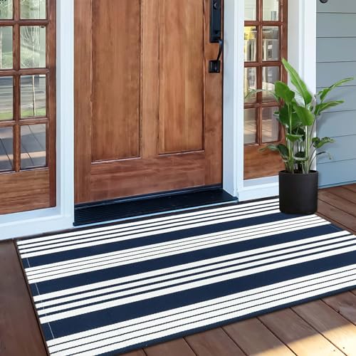 Tiveney Front Door Mat Indoor Entrance, 2'x4.3' Outdoor Rug Machine Washable Area Rugs Black and Blue Outdoor Patio Rug, Cotton Woven Layered Doormat Throw Rugs for Entryway/Porch/Kitchen