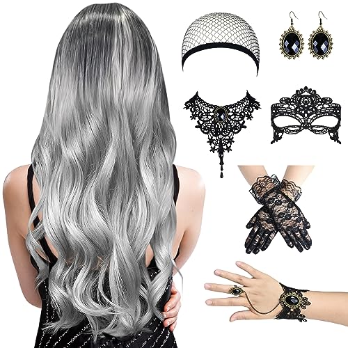 FORMIZON 70cm Grau Lange Wellte Lockige Haare, 9tlg Perücke Frauen Kostüm...