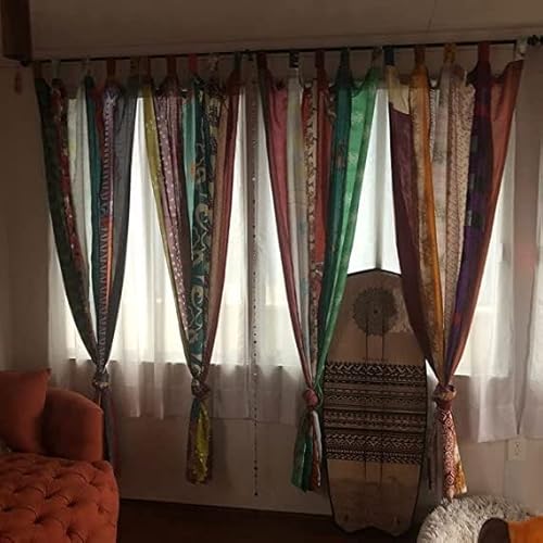 Indian Old Vintage Sari Curtains Blue Color Hippie Decor Silk Curtain Door Drape Window Decor Silk Sari Recycle Patchwork Curtains By Bmk Fashion (84'' X 43'') (Multicolor) #TOP1