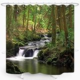 ZXMBF Nature Shower Curtain Flowing Stream Forest Waterfall Natural Landscape Green Trees Jungle Mossy Rocks Themed Scenery Waterproof Fabric Bathroom Decor 72Lx60W Inch Plastic Hooks 12PCS
