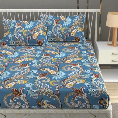 Image of Vram Premium Heavy Cotton Flat Bedsheets with 2 King Size Pillow Covers || Double Bed 350 TC || 90 x 100 Inch King Size Flat || :- Blue Jaipuri