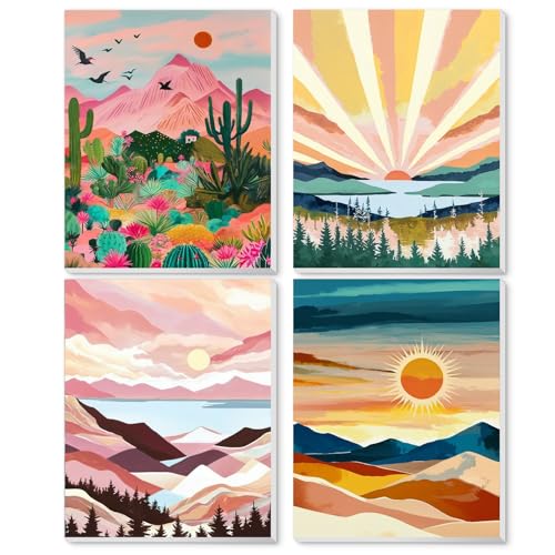 4 Pack Adult Paint by Number Kit with Framed Canvas and Easel - Sunset Art for Beginners, Includes Brushes and Acrylic Paint, 9x12 Inch Wall Decor