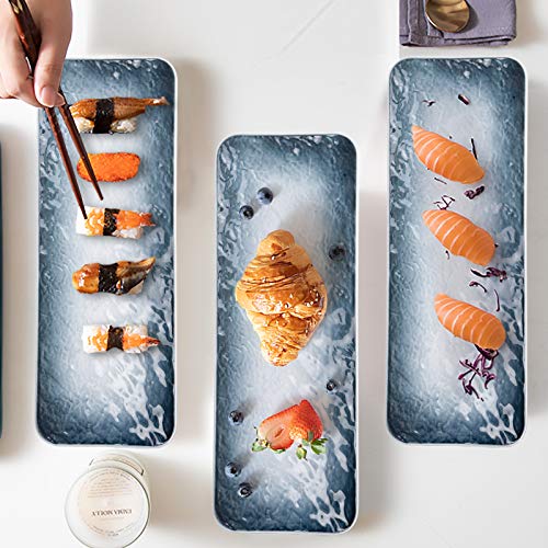 Aquiver 11.5'' Ceramic Platters - Porcelain Water Wave Relief Texture - Party Porcelain Rectangle Serving Plates - For Appetizer Plates, Party, Sushi, Entertaining Guests, Set Of 3 (Gray) #TOP6