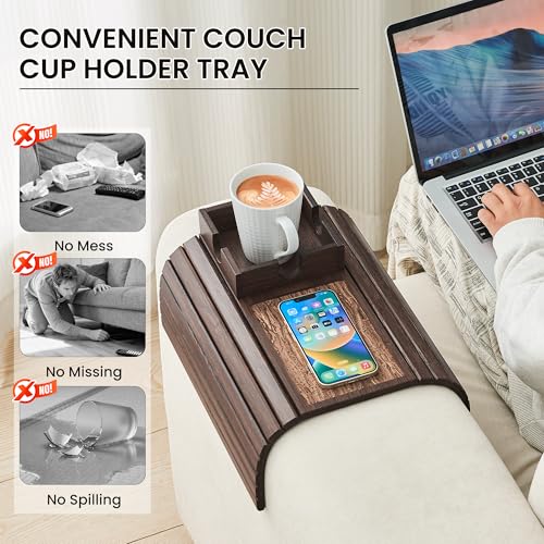 LOVYANXUE Bamboo Sofa Arm Tray Table, Foldable Couch Cup Holder, Anti-Slip Wide Couch Arm Tray Aremrest Table for Drink, Cup, Remote, Snacks, Cellphone, Portable, Brown by LOVYANXUE - Image 2