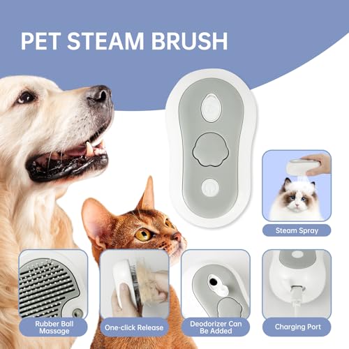 Image of Cat Brush for Shedding Rechargeable Cat Steam Brushes for Indoor Cats Self-Cleaning Pet Grooming Tool for Long and Short Hair Steamy Dog Comb Cat Deshedding Hair Brush, Grey