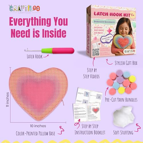 Image of Latch Hook Kit for Kids - Rainbow Heart Rug Pillow Craft, Ages 6+