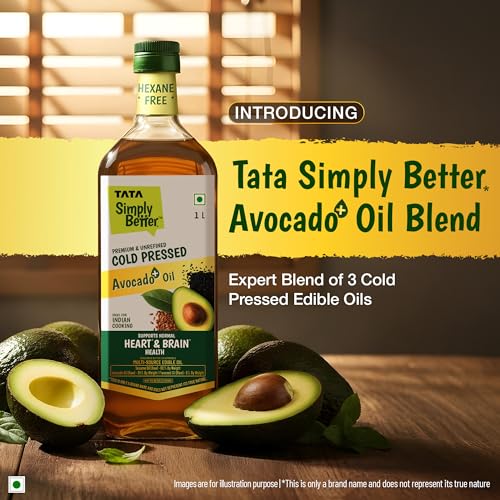 Image of Tata Simply Better Avocado+ Blended Oil for Indian Cooking, Premium & Unrefined, 1L, Cold Pressed, Hexane Free, Blend of Avocado, Sesame & Flaxseed Oil, Rich in Omega-3 & ALA, Supports Normal Heart & Brain Health