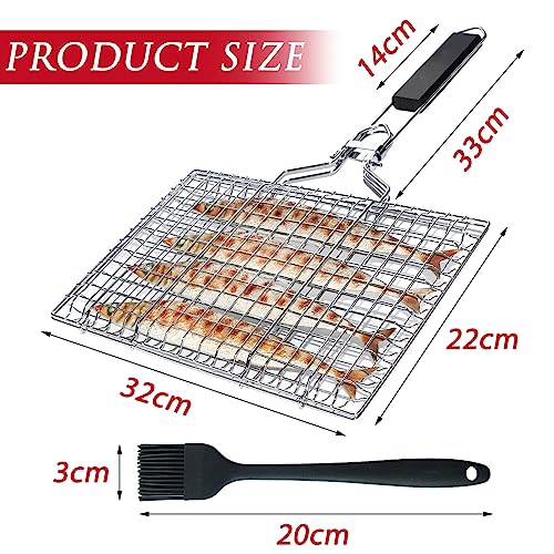 FZYCOM Grillkorb Fischbräter, Faltbarer BBQ Grillkorb Fischbräter, Edelstahl Barbecue Grillschale, Tragbar, Rostfreie Zubehör Körbe zum Grillen, Grillwerkzeug für Fisch und Gemüse mit Silikonbürste