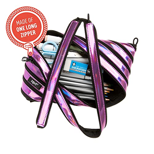 Image of ZIPIT Metallic 3-Ring Binder Pencil Pouch, Large Capacity Pen Case for Kids and Teens, Made of One Long Zipper! (Purple)
