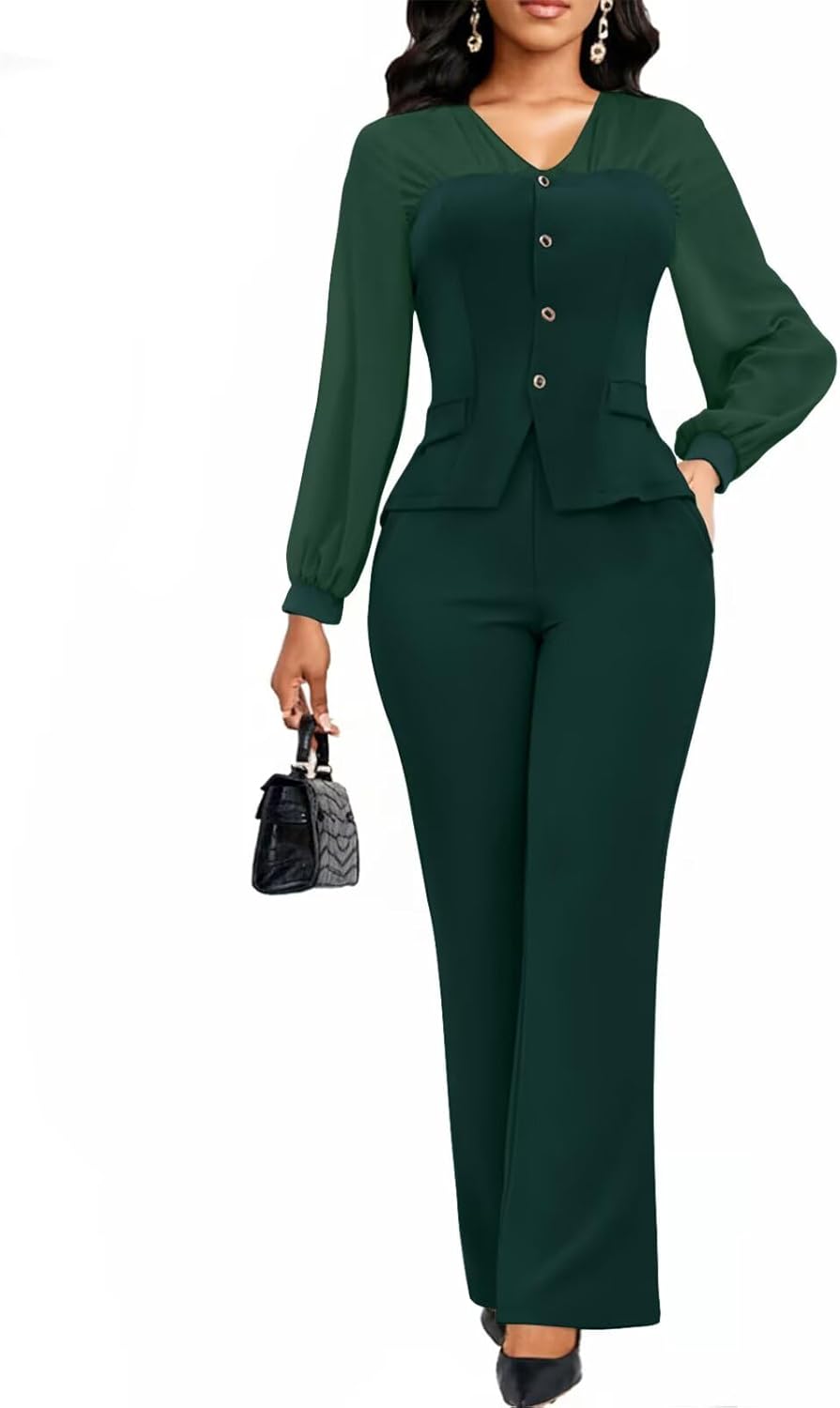 2 Piece Pant Suits for Women Dressy Business Casual Outfits Mesh Long Sleeve Blazer Wide Leg Pants Sets Office Work