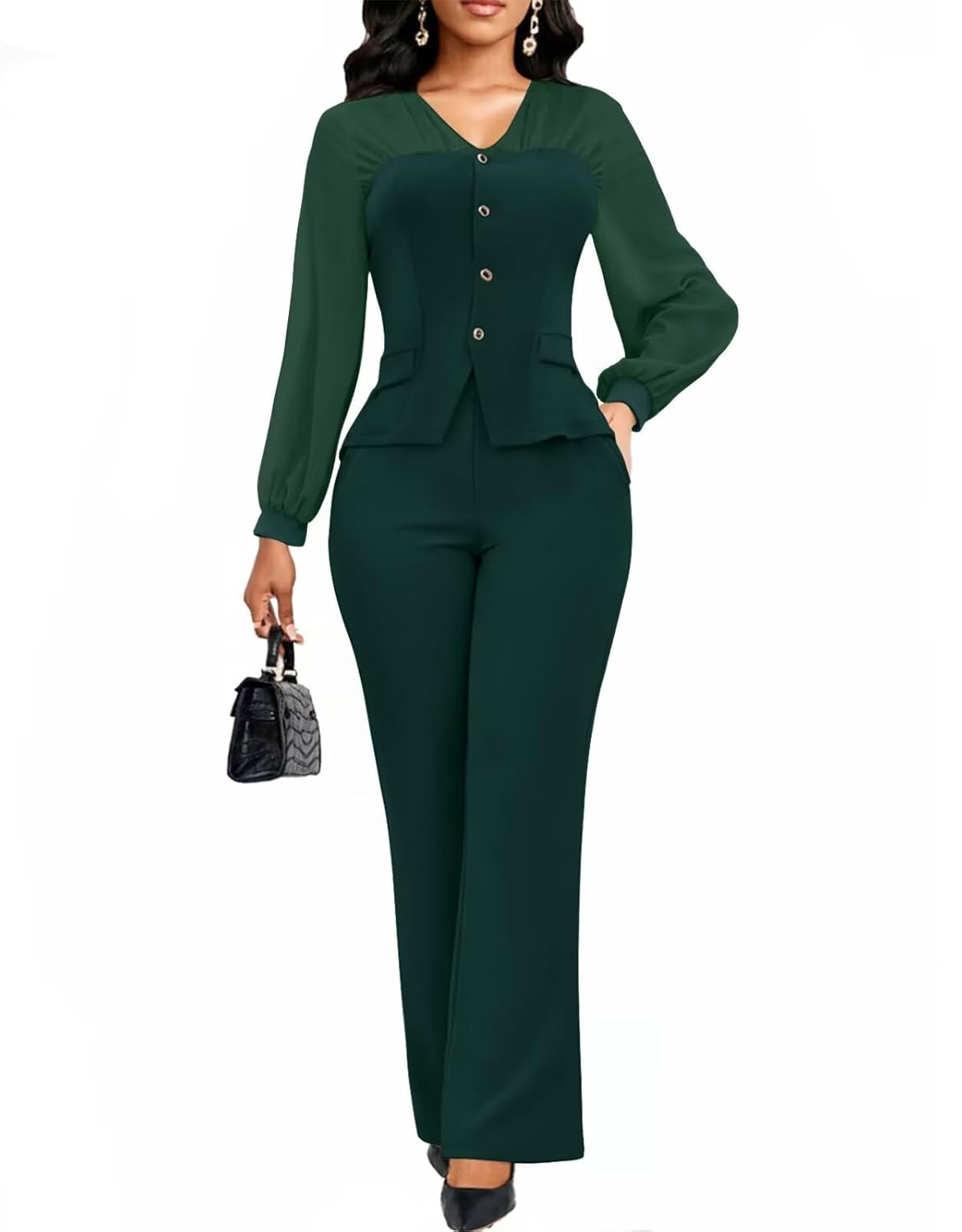 2 Piece Pant Suits for Women Dressy Business Casual Outfits Mesh Long Sleeve Blazer Wide Leg Pants Sets