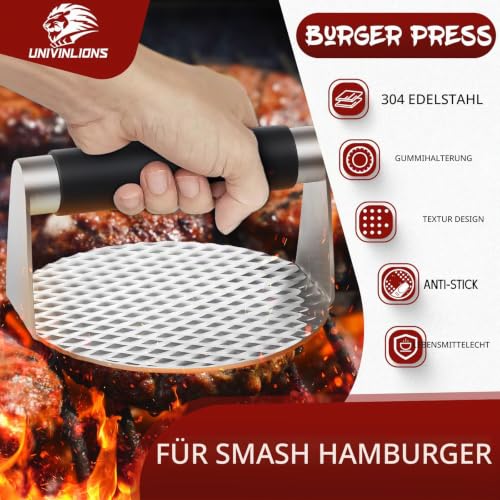 univinlions Barbecue Burger Set,Großer Grillspatel,5,5 Zoll Burgerpresse,Professioneller Pfannenwender Edelstahl,Burger Smasher für Pattie,Grill Werkzeug Outdoor und Indoor